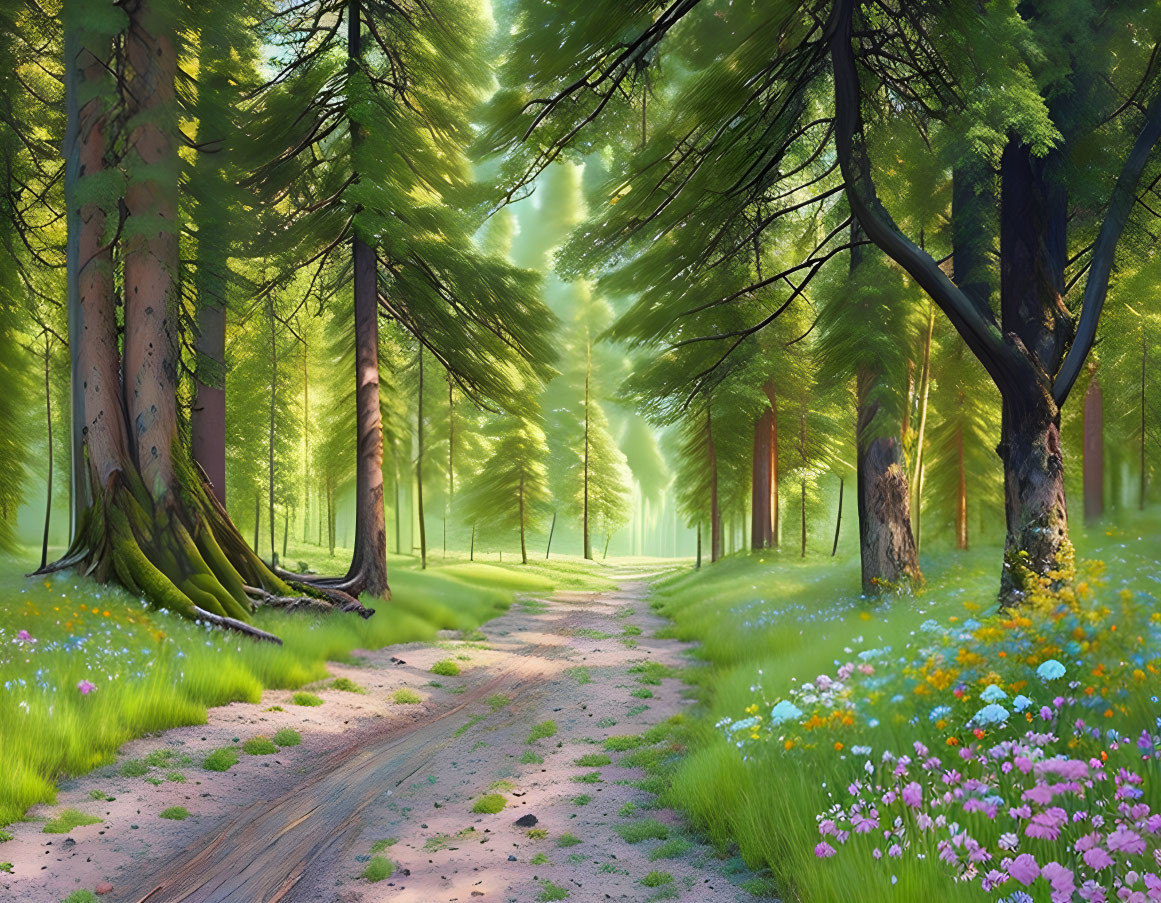 Tranquil forest pathway with tall trees, sunlight, and wildflowers