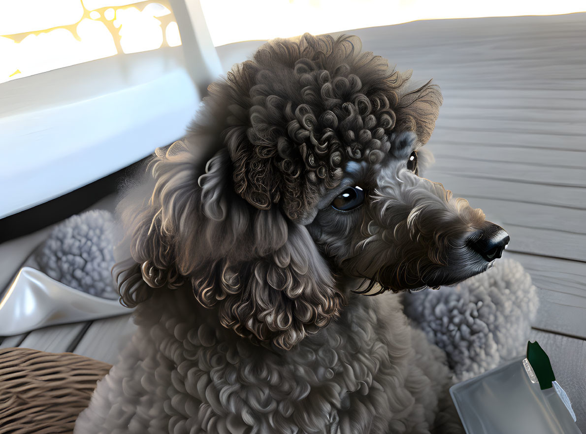 Realistic digital illustration of curly-coated poodle indoors with soft lighting