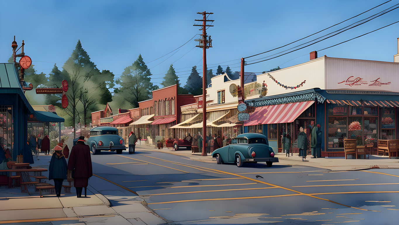 1950s American main street illustration with vintage cars and charming storefronts