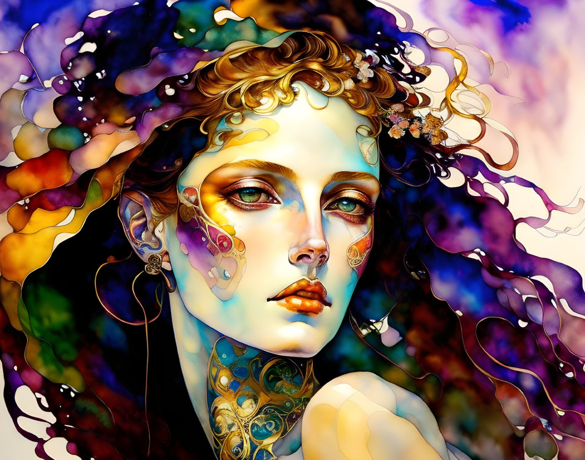 Colorful digital artwork: stylized woman's face with flowing hair and gold accents