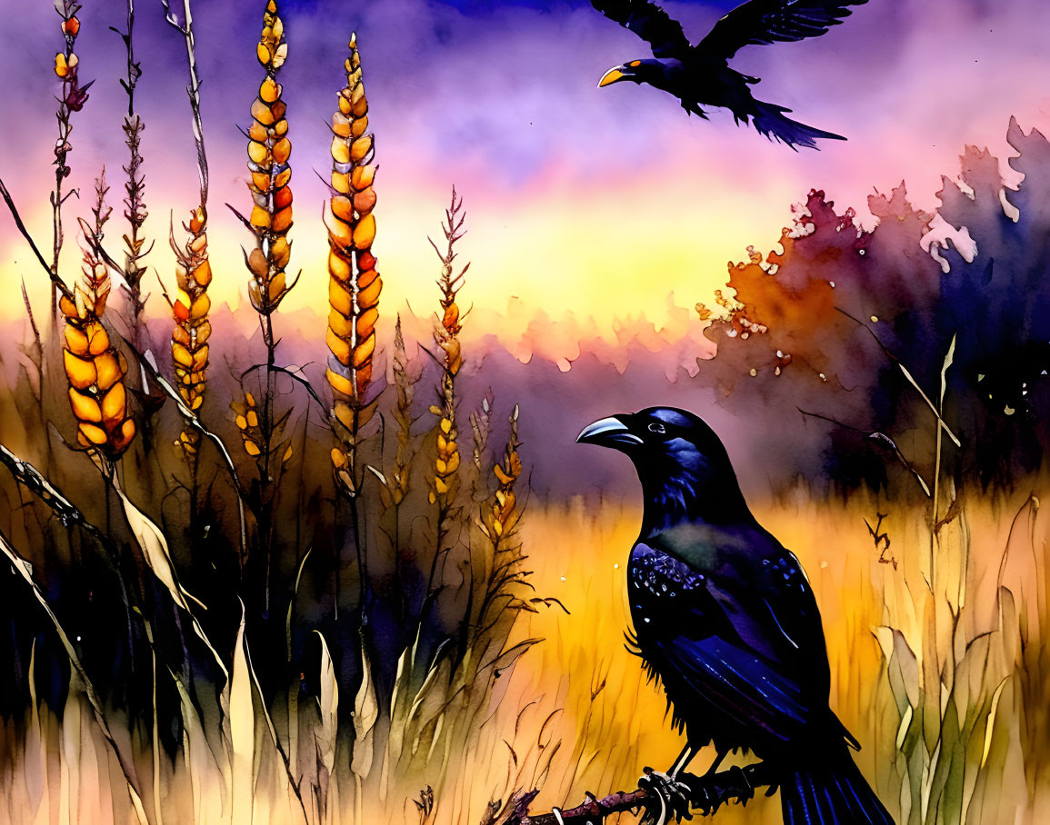 Vibrant watercolor painting of ravens in colorful field and dusky sky