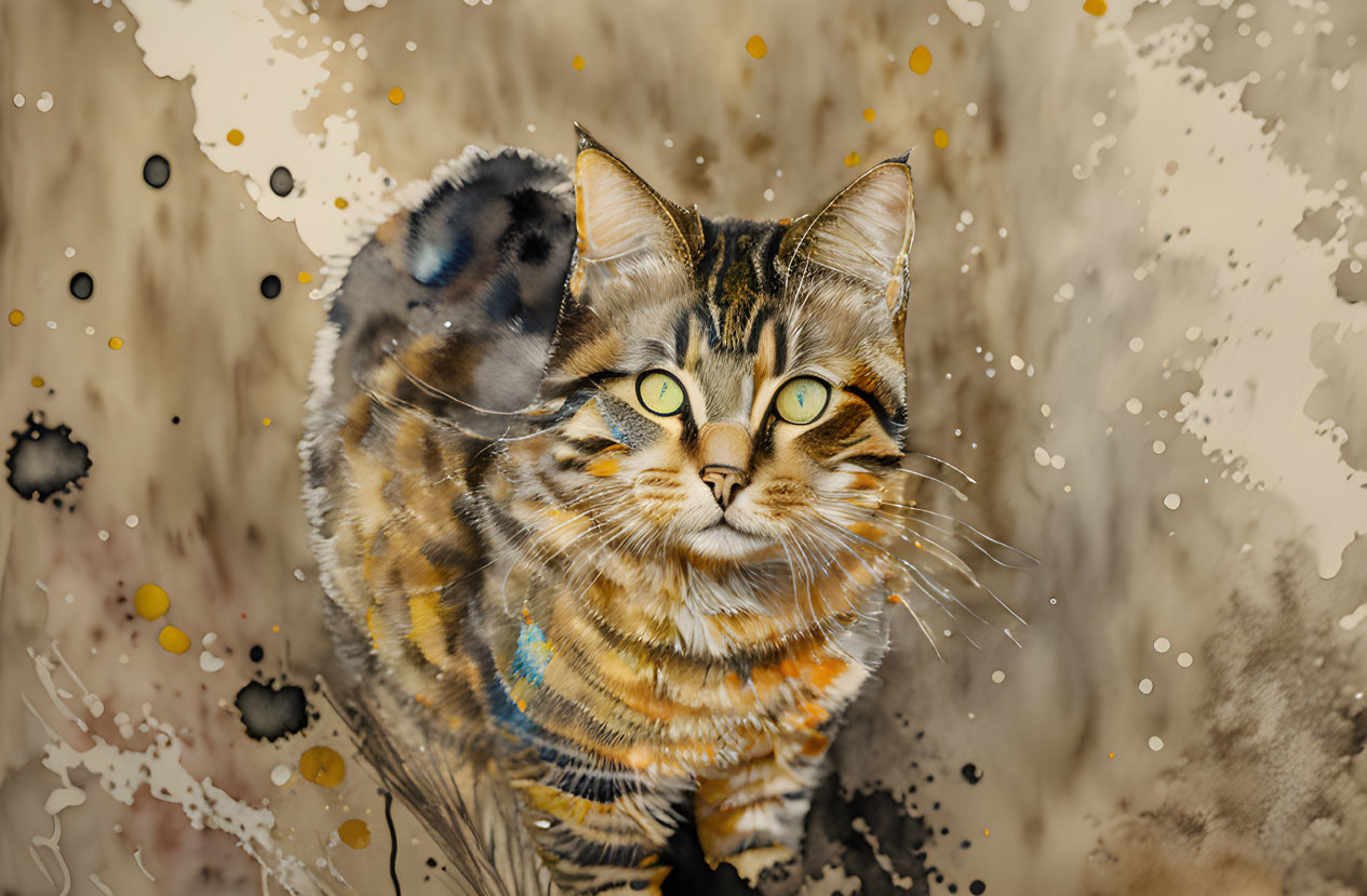 Tabby Cat with Green Eyes on Abstract Beige Background