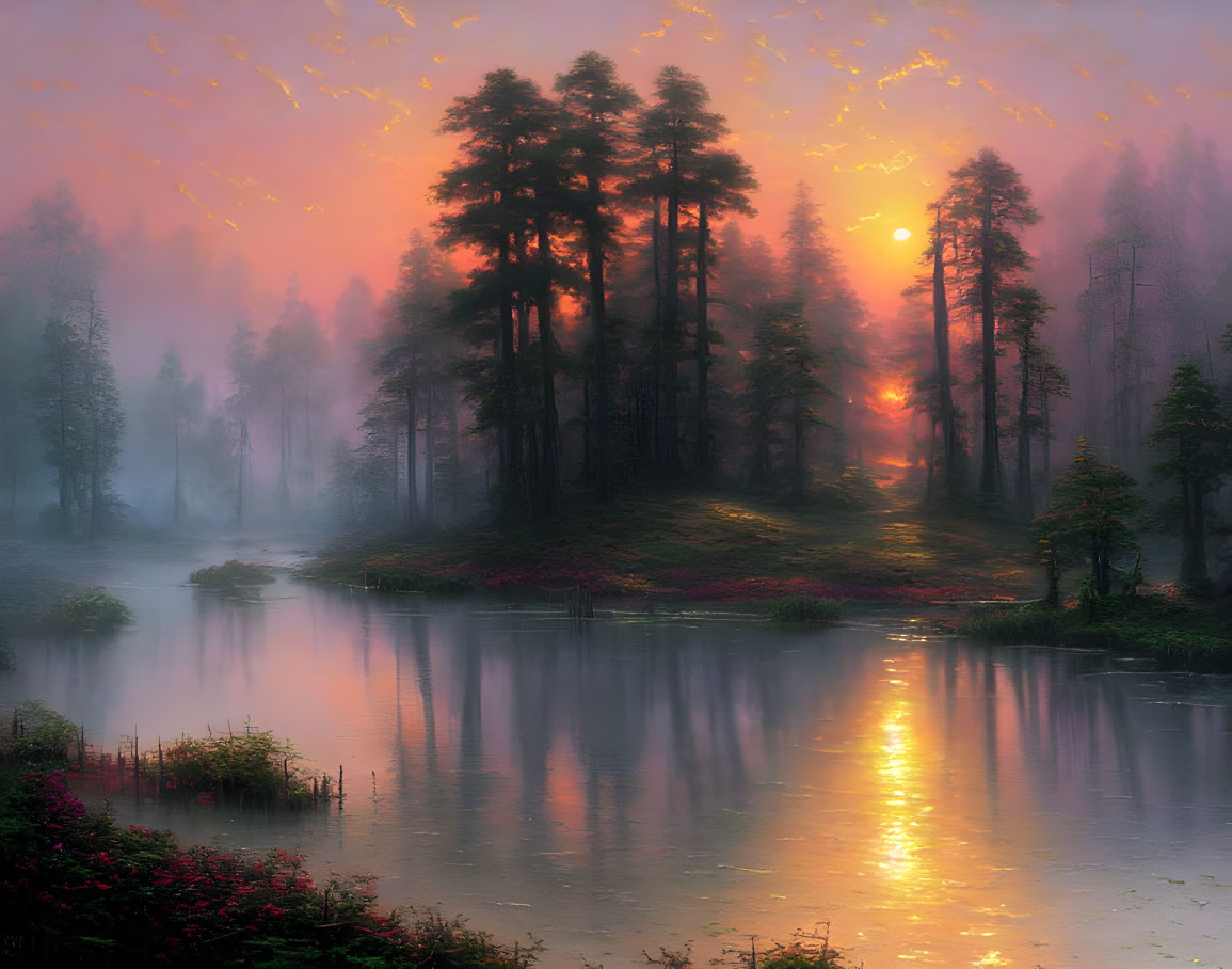 Tranquil sunrise over misty forest lake with pink and green flora