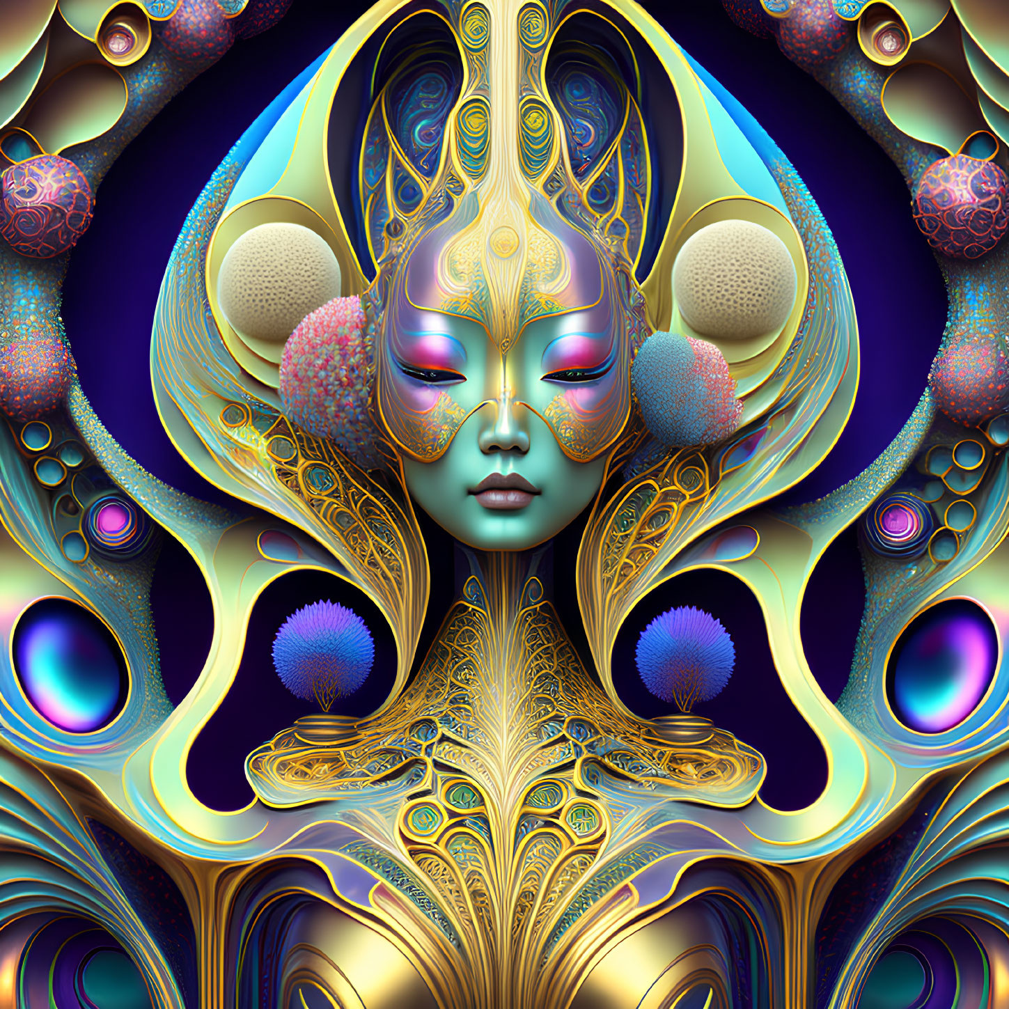 Symmetrically-designed psychedelic face with vibrant colors and abstract patterns