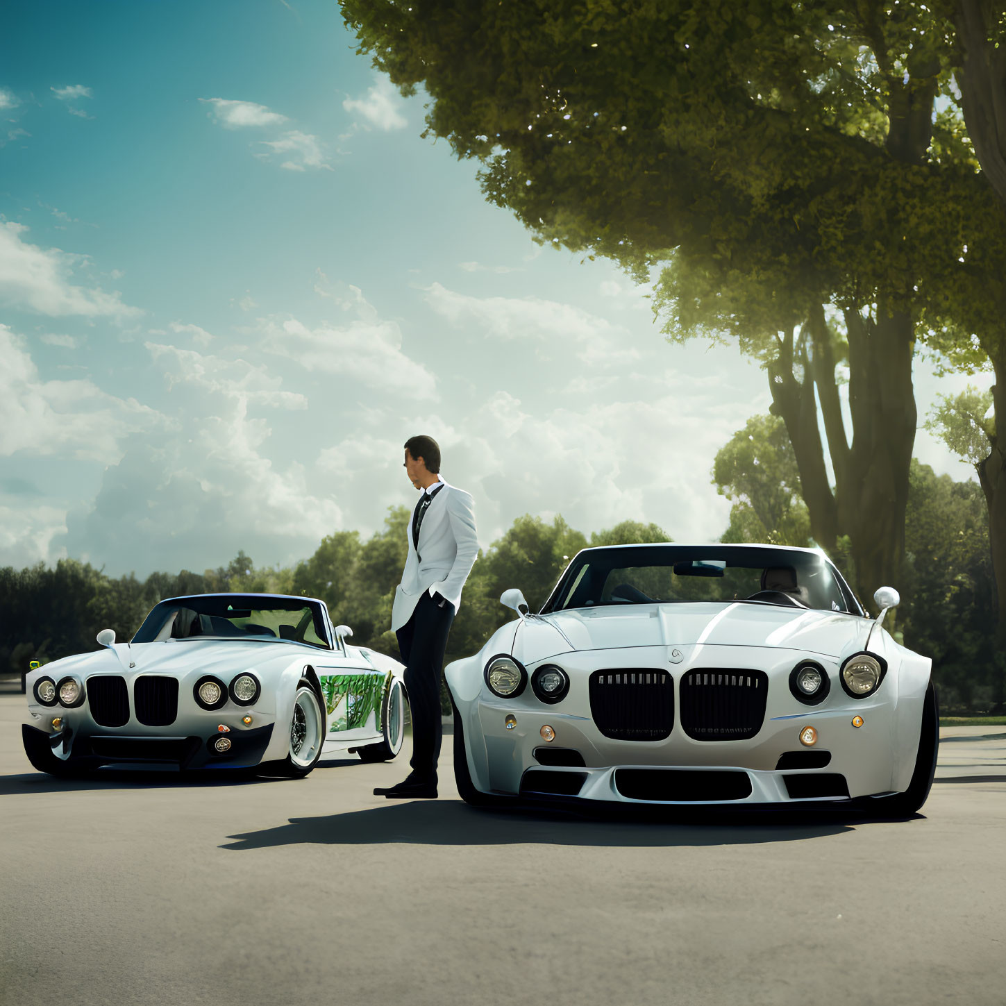 Sophisticated man in suit between luxury cars under clear sky