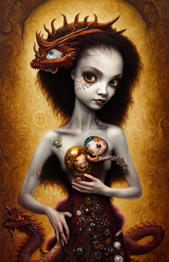 Dark-haired girl with mystical dragons and ornate sphere in fantasy illustration