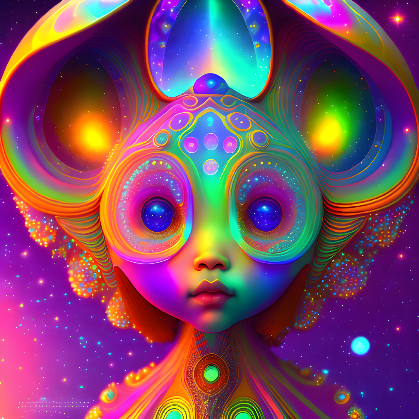 Colorful Psychedelic Alien Portrait with Expressive Blue Eyes