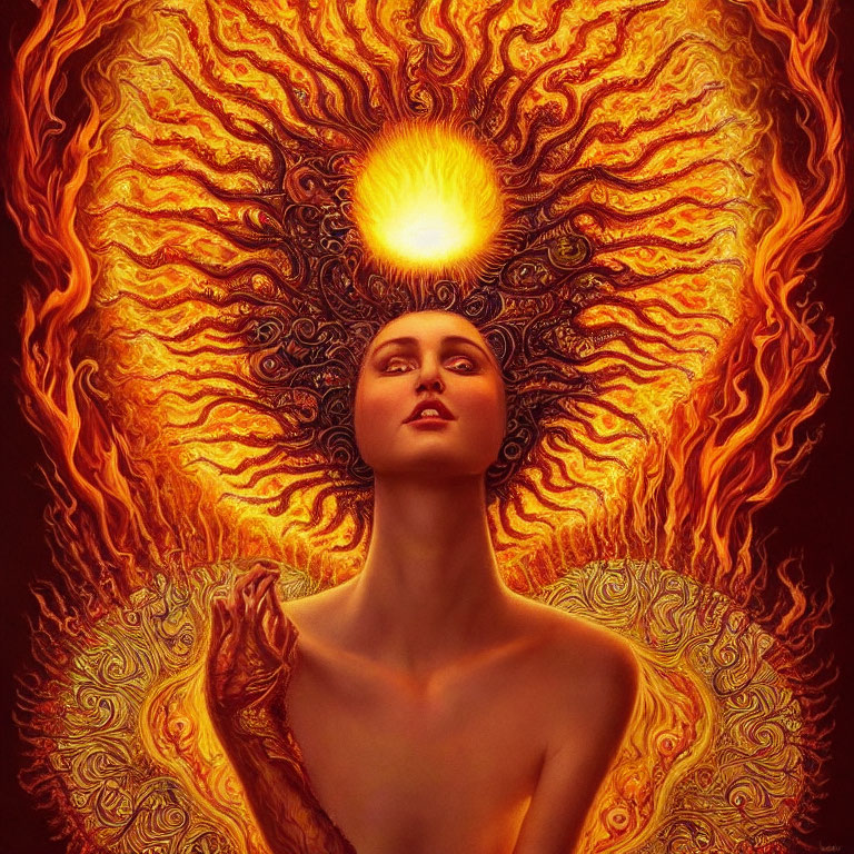 Serene woman with golden patterns and bright orb - mystical aura