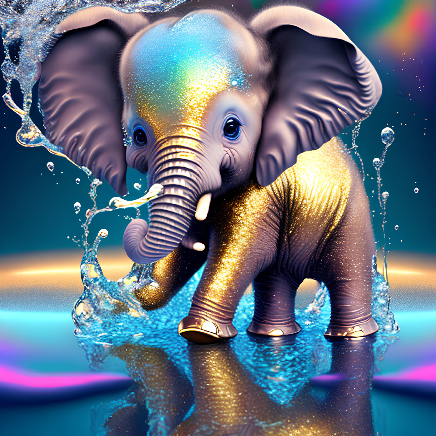 Golden glitter baby elephant in colorful digital artwork