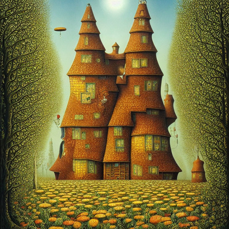 Whimsical painting of multi-turreted house in pumpkin fields