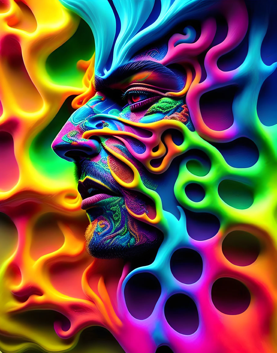 Colorful digital artwork of male face with flowing psychedelic patterns