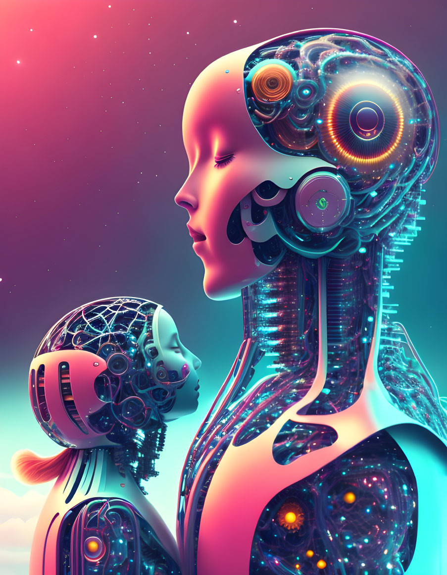 Futuristic female androids with intricate mechanical details and colorful lighting against starry backdrop