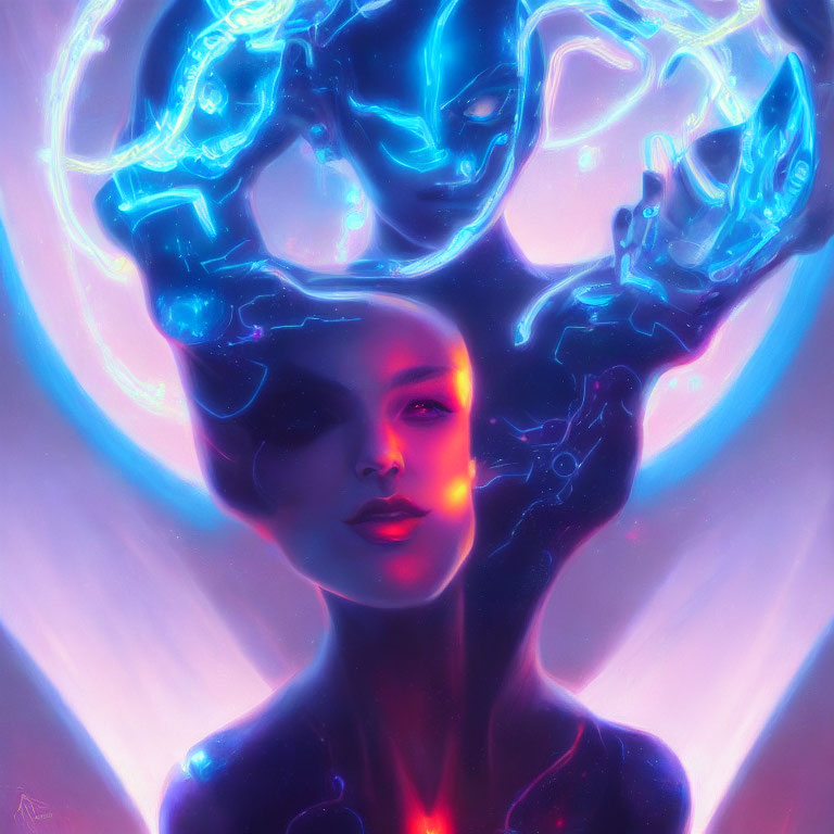 Stylized portrait of woman with neon blue brain-like structures on vibrant background