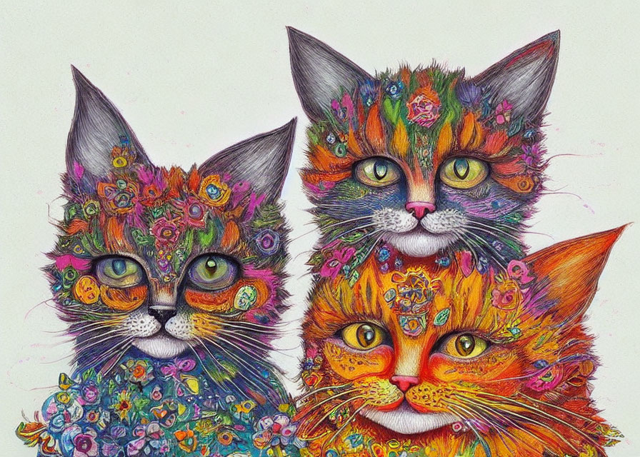 Vibrant floral patterns on whimsical cat illustrations