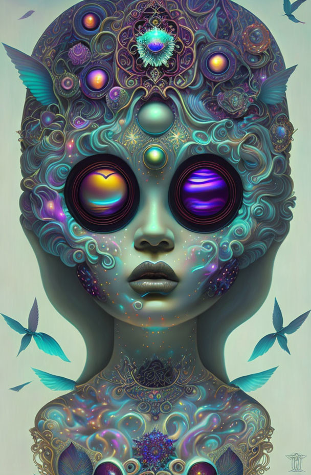 Surreal humanoid figure with vibrant eyes, ornate decorations, blues and purples, and