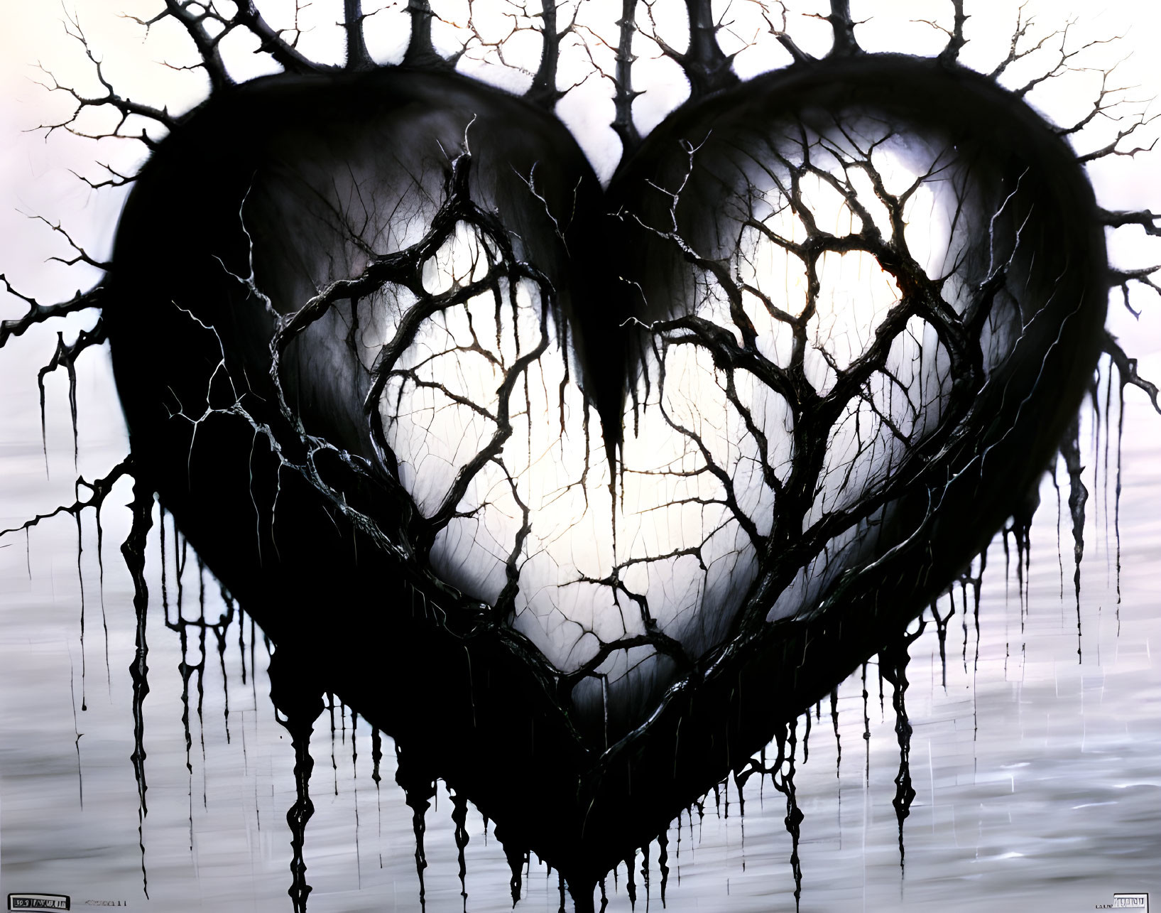 Heart-shaped silhouette of black tree branches on pale backdrop.