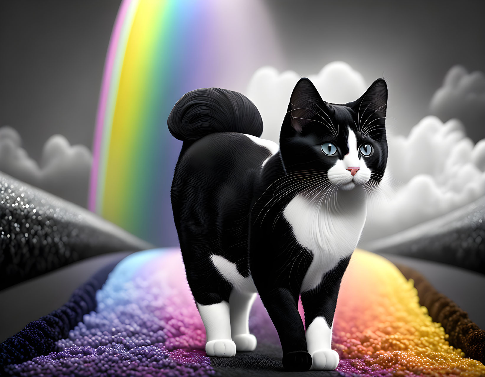 Black and White Cat on Rainbow Road with Blue Eyes