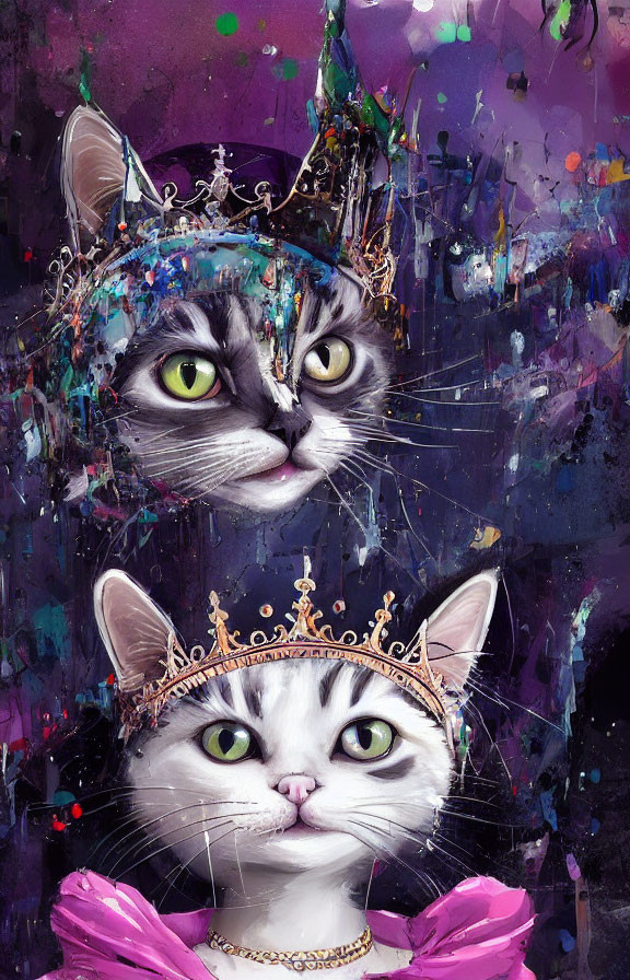 Stylized cats with crowns and pink bow on colorful splattered paint background