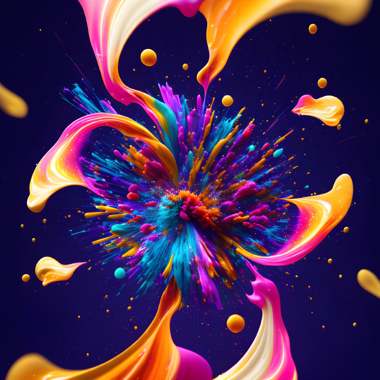 Colorful digital explosion in blue, purple, orange, and yellow on dark background