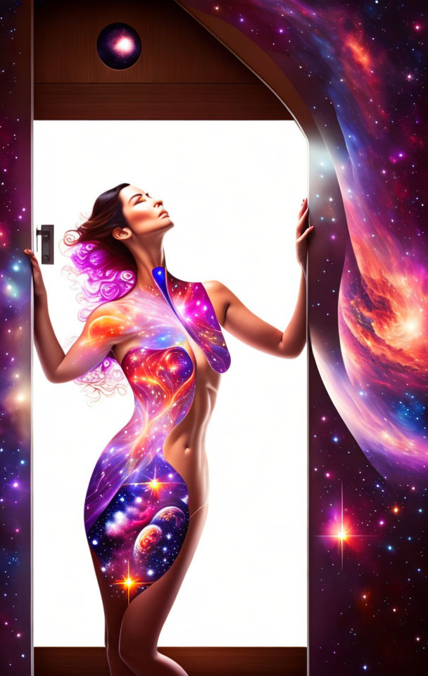 Cosmic Patterned Woman Emerging into Nebula Universe