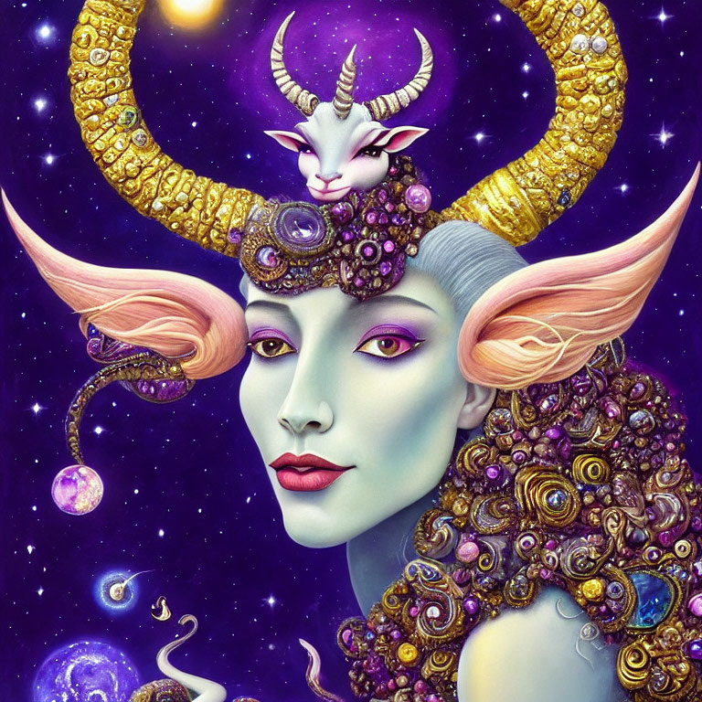 Fantastical artwork of woman with blue skin and golden headpiece among cosmic elements