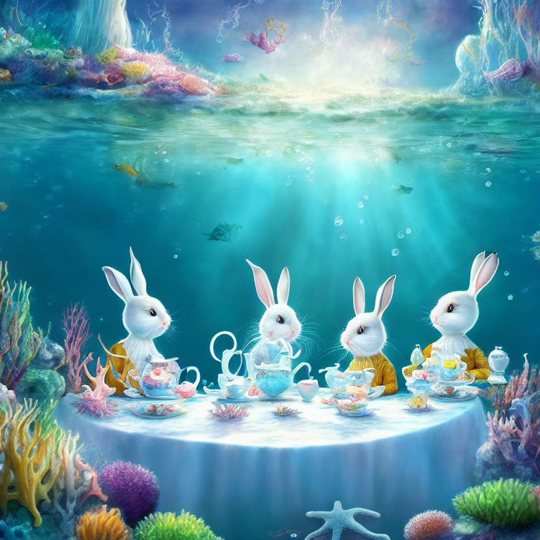 Anthropomorphic rabbits having tea underwater with coral and sea life