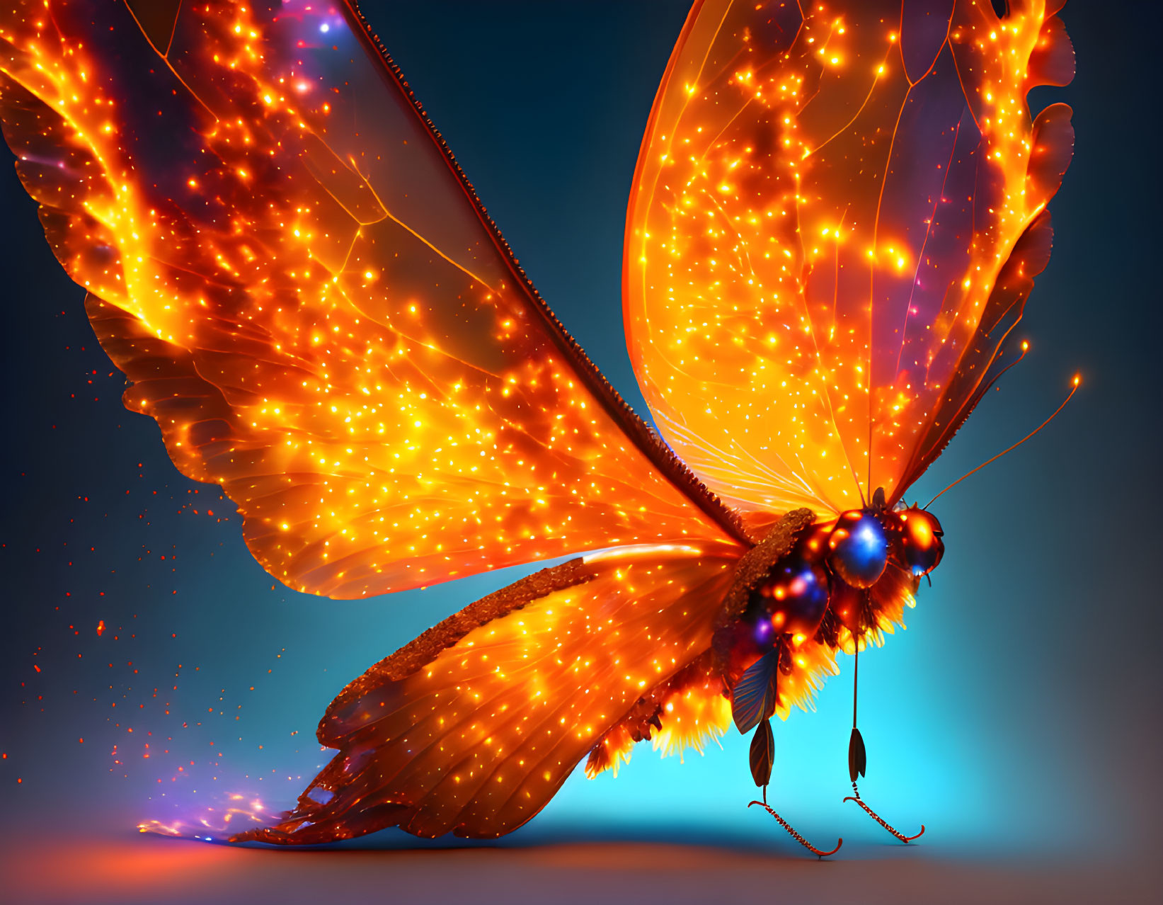 Vivid Digital Artwork: Glowing Orange Butterfly Wings on Blue Background