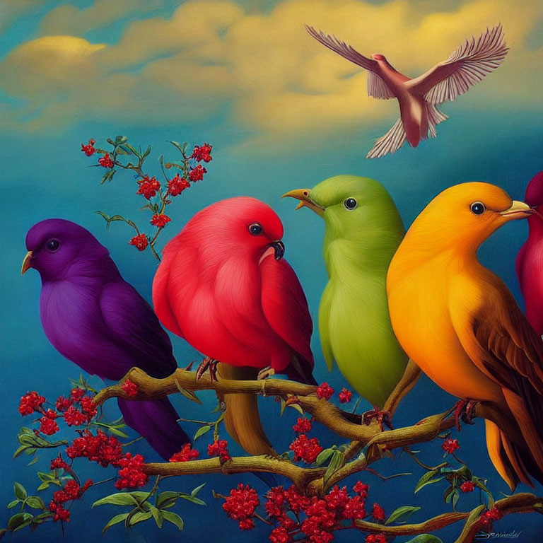 Colorful Birds Perched on Branches with Red Berries in Vibrant Painting