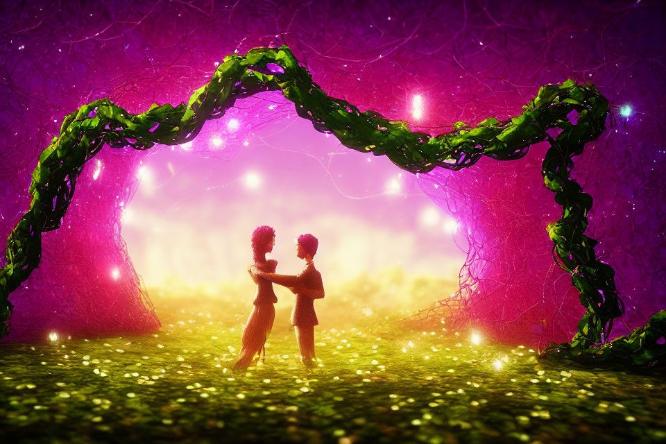 Silhouetted figures dancing under glowing branch arch, purple backdrop