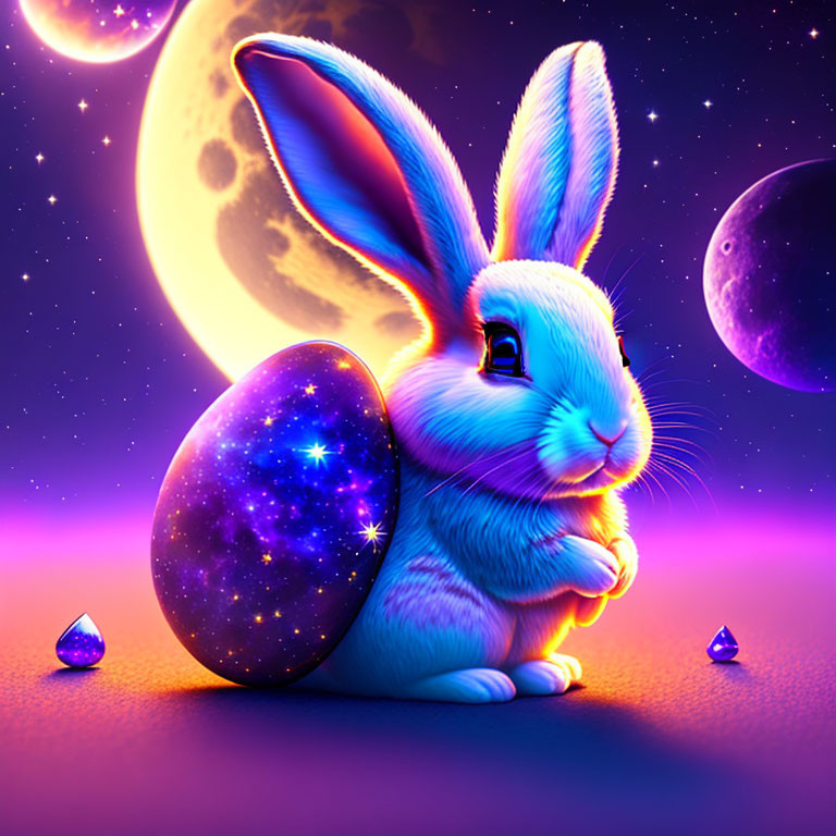 Whimsical blue rabbit with egg in starry night scene