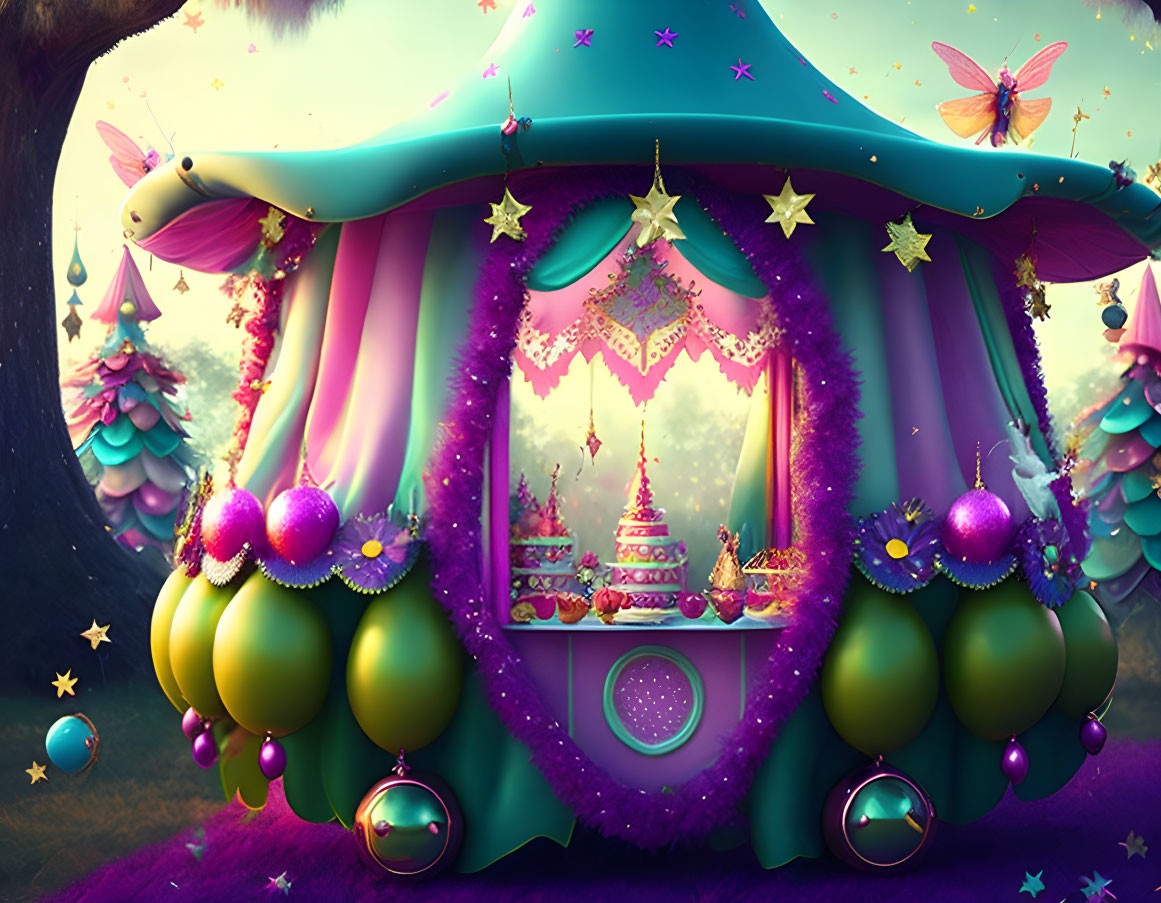 Colorful whimsical carousel illustration with starry sky & ornate details