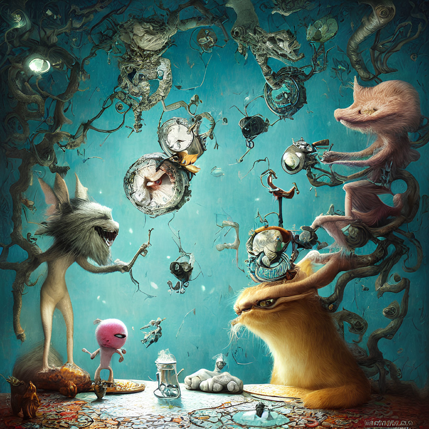 Whimsical anthropomorphic creatures in dreamlike underwater scene