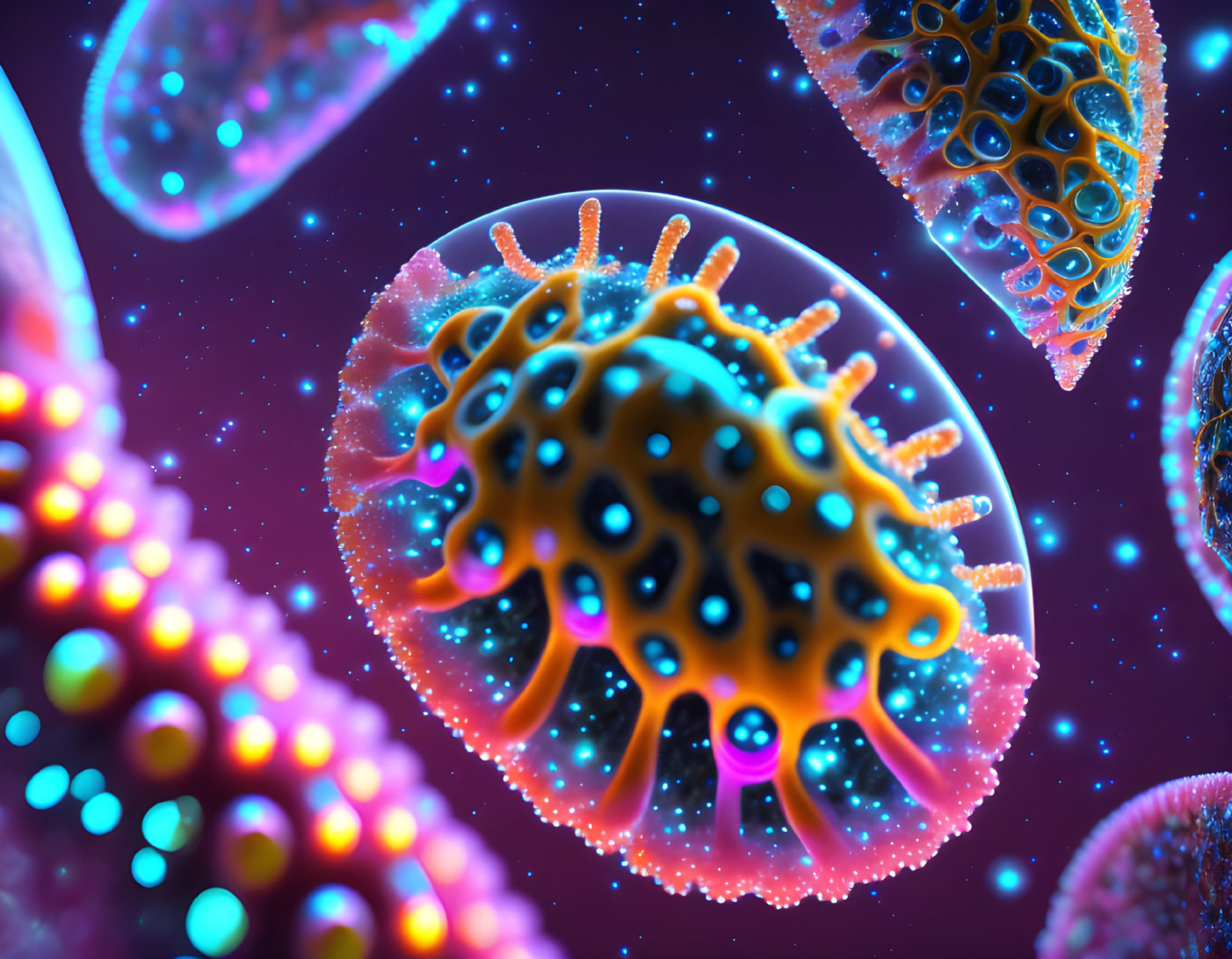 Colorful 3D Illustration of Spherical Viruses with Spike Proteins on Purple Background