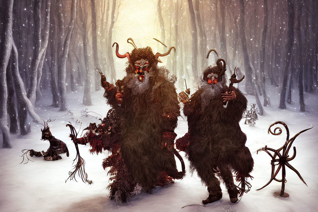 Mythical creatures with horns and fur in snowy forest with staff and chain