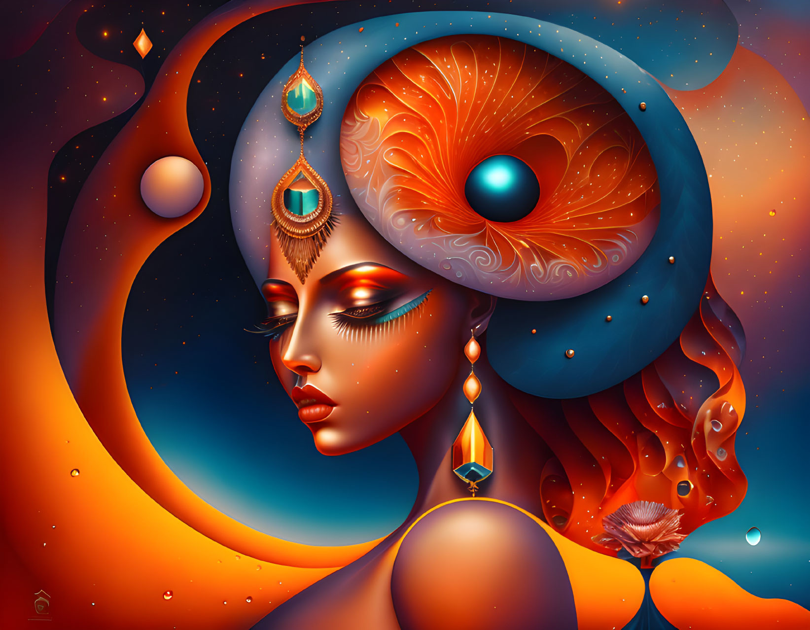 Cosmic-themed portrait of a woman with fiery elements