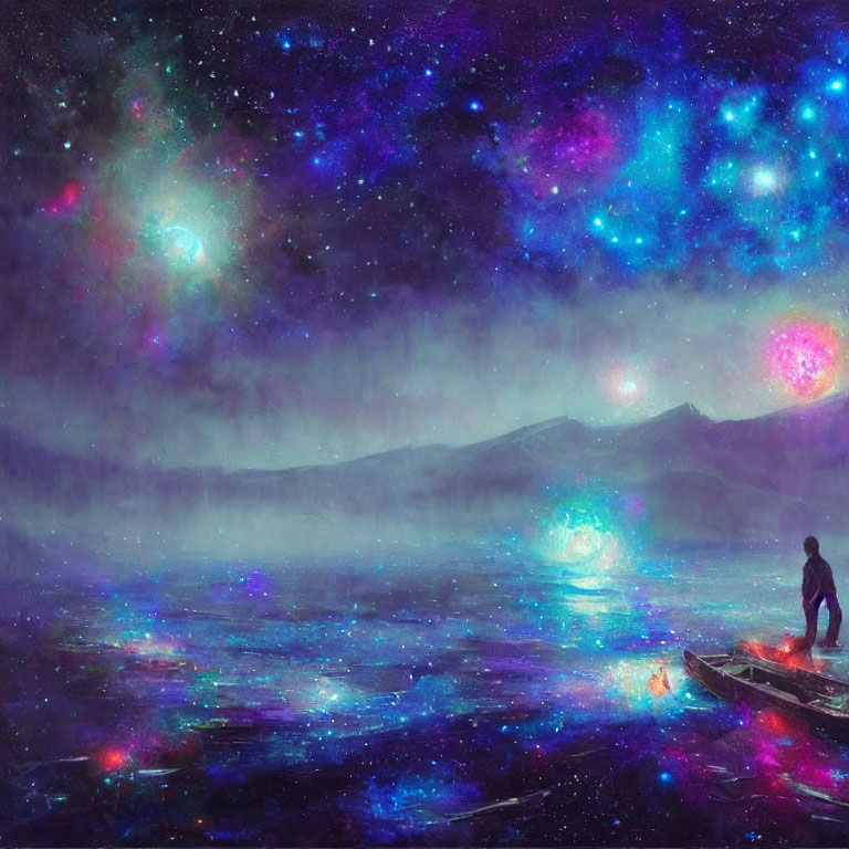 Person standing on boat in starlit cosmic scene