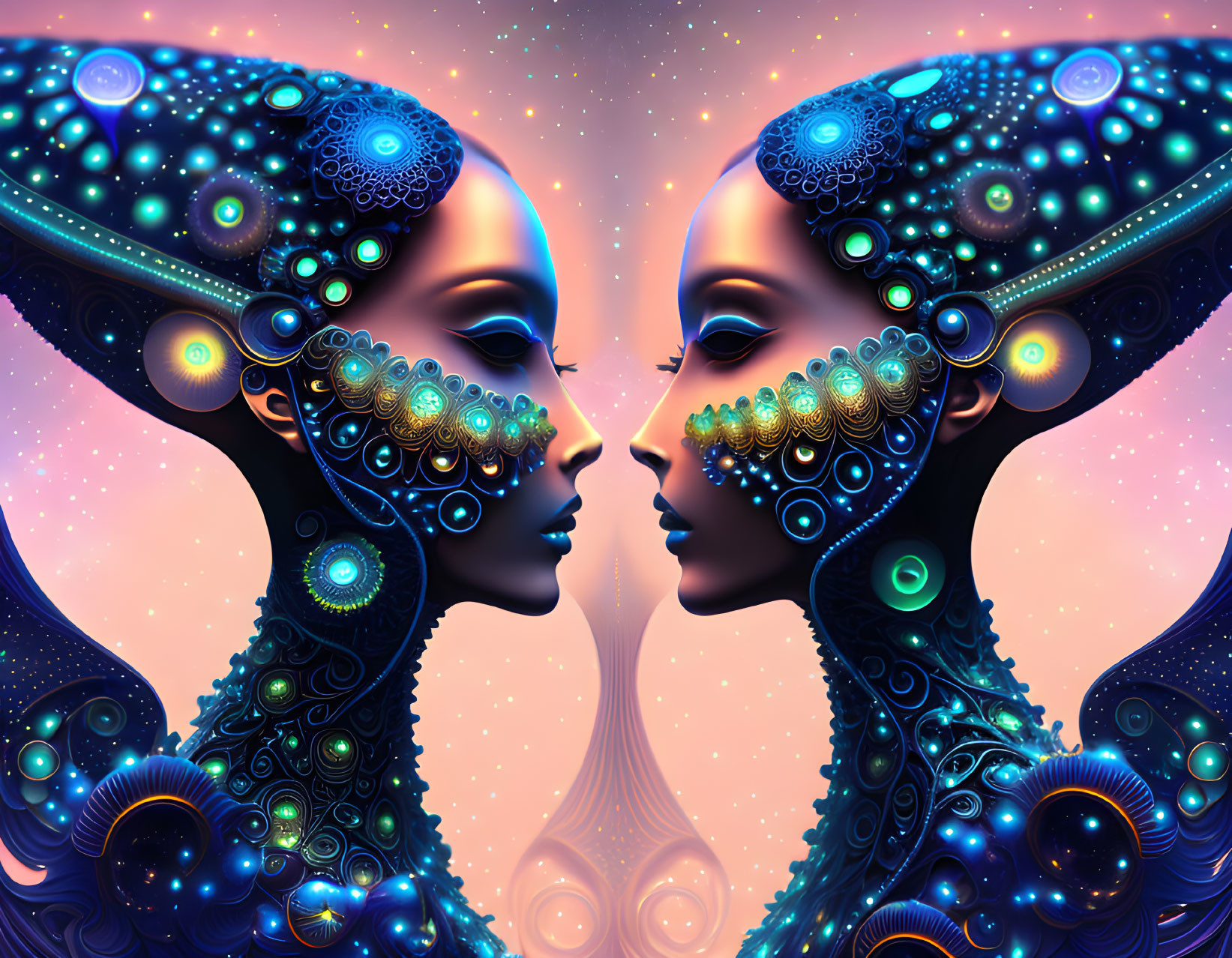 Symmetrical stylized female figures with peacock headdresses on starry gradient background