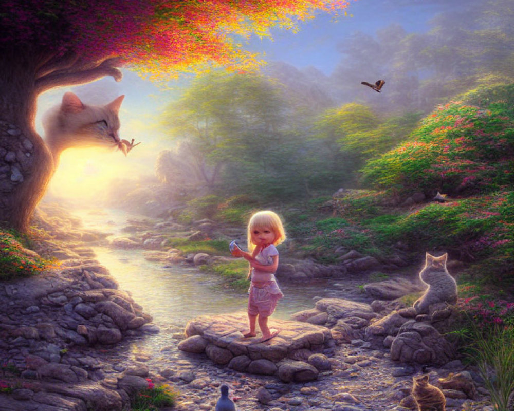 Child with cats and fox-like creature in magical forest scene