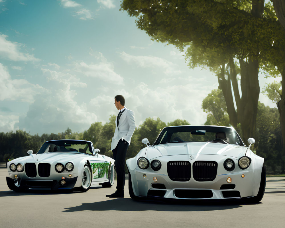 Sophisticated man in suit between luxury cars under clear sky