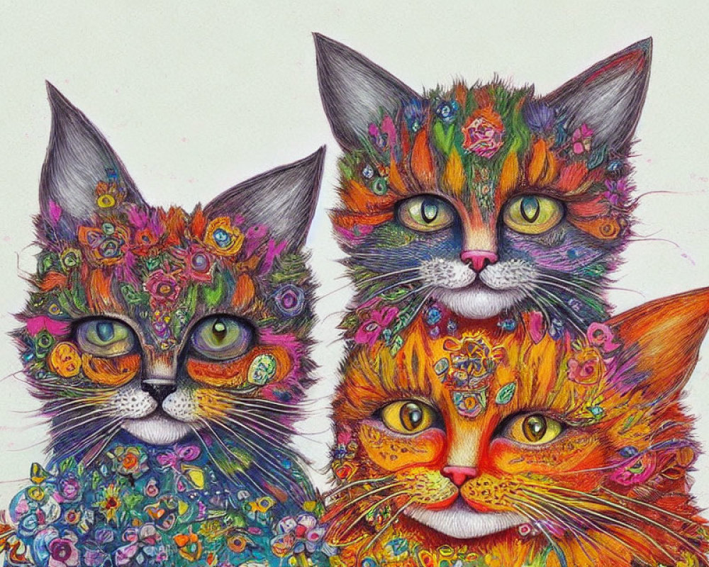 Vibrant floral patterns on whimsical cat illustrations