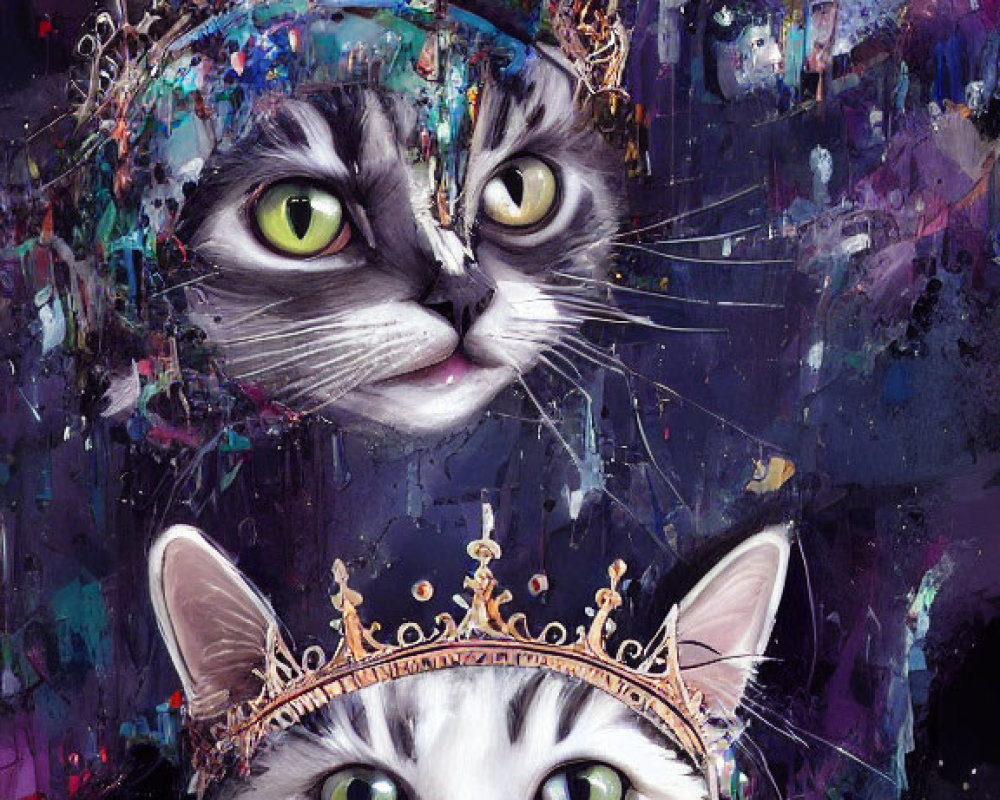 Stylized cats with crowns and pink bow on colorful splattered paint background