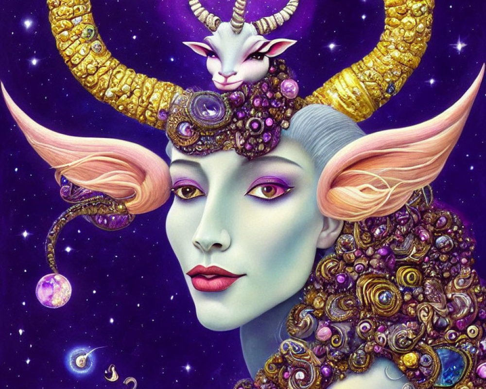 Fantastical artwork of woman with blue skin and golden headpiece among cosmic elements