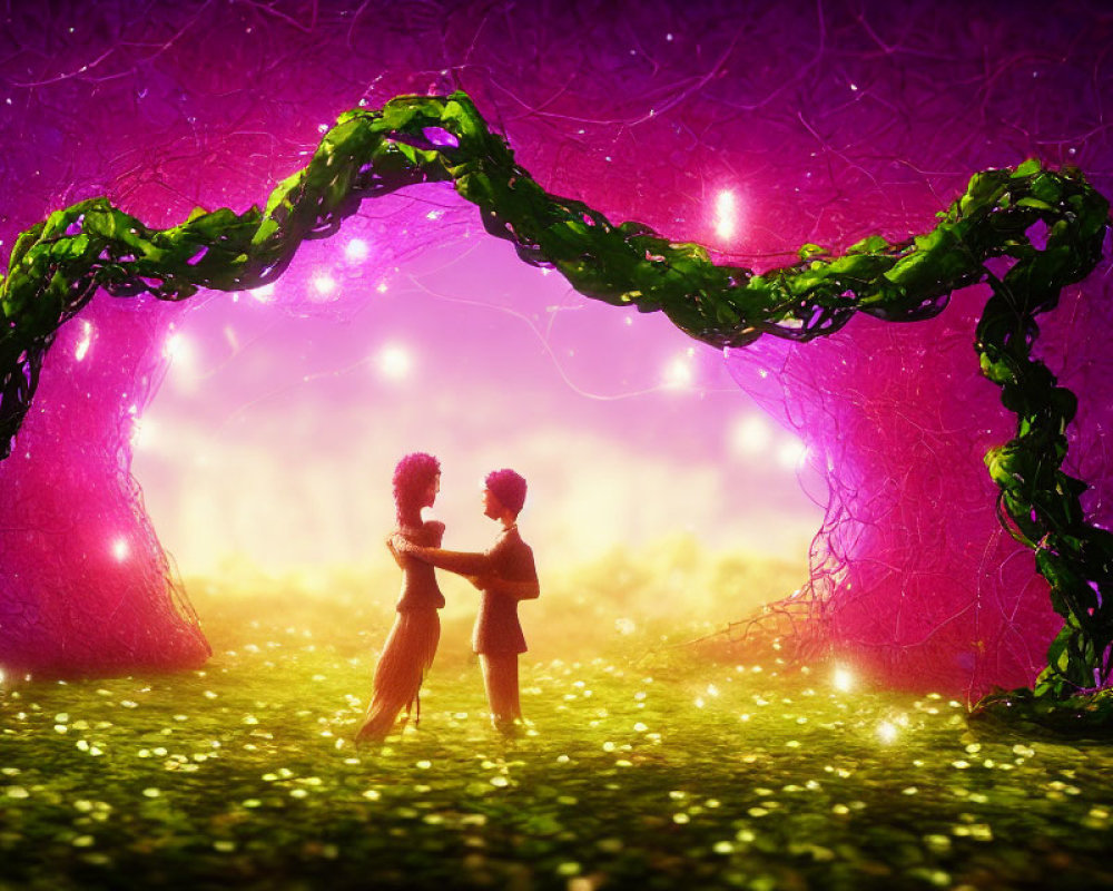 Silhouetted figures dancing under glowing branch arch, purple backdrop