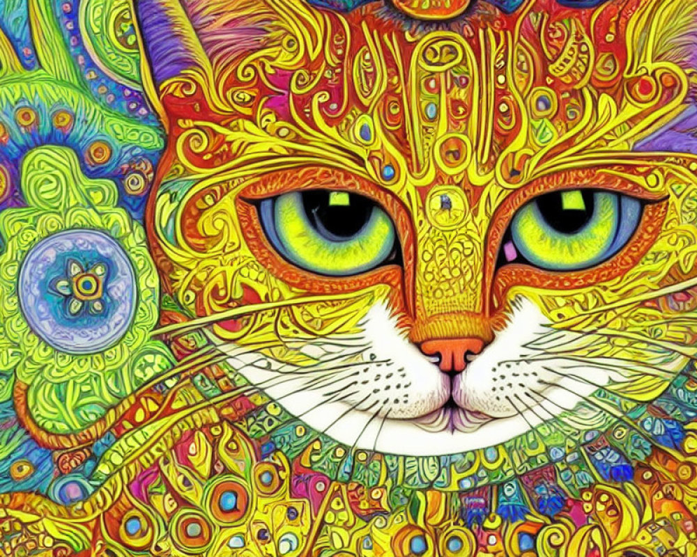 Colorful Cat Illustration with Intricate Patterns and Psychedelic Design