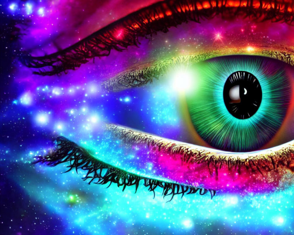 Close-up Eye Image with Galaxy Motif and Cosmic Colors