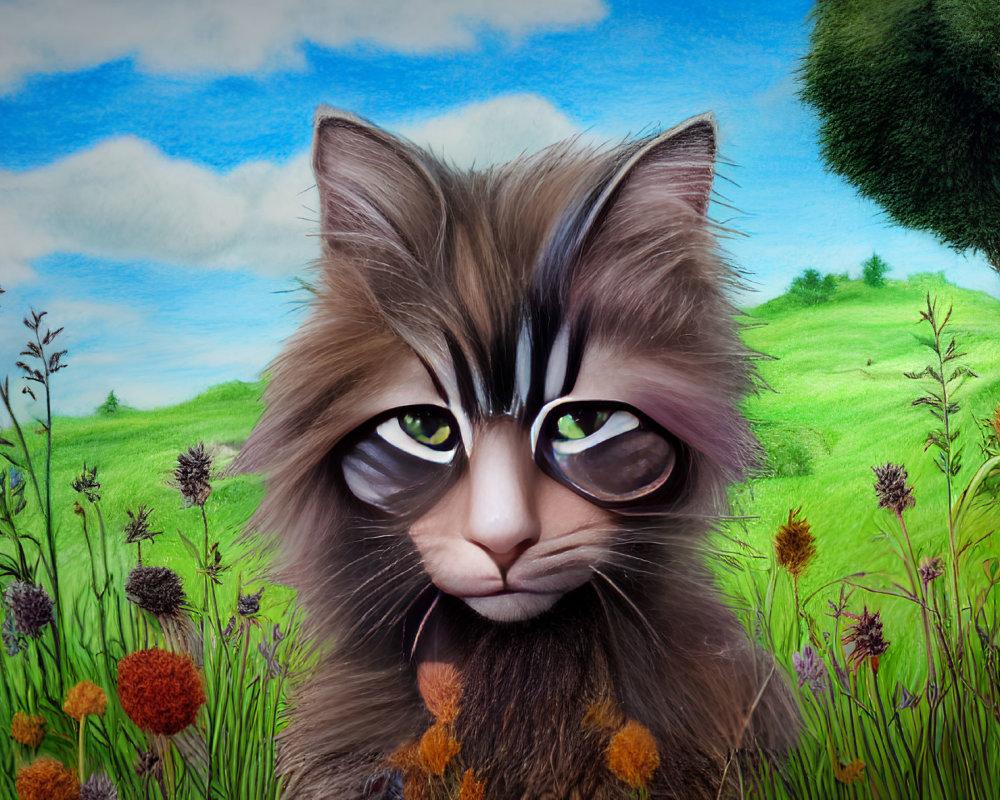 Whimsical illustration of fluffy cat in vibrant flower field