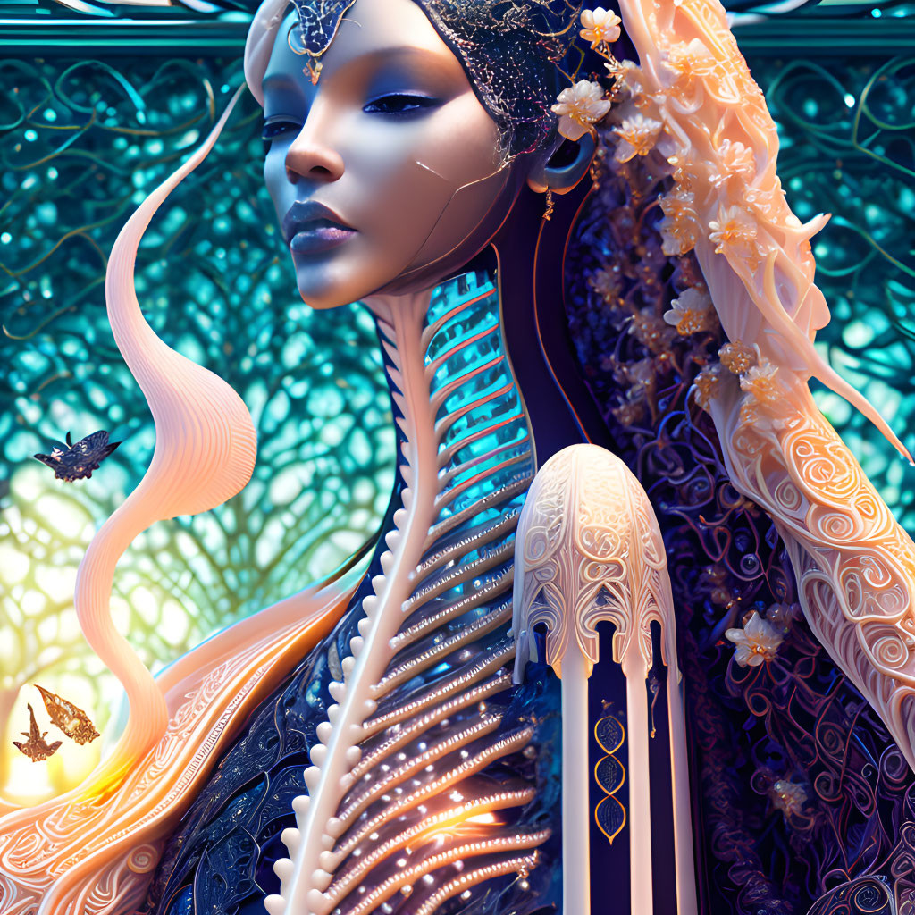 Detailed digital artwork: woman in golden headwear, ornate robe, surreal environment with butterflies