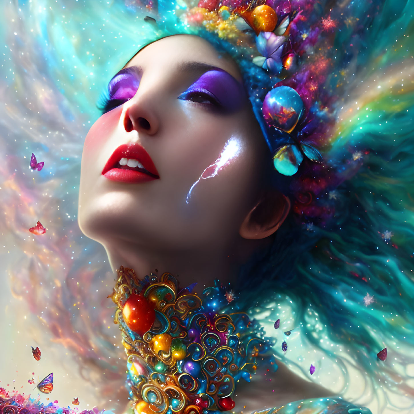 Colorful digital portrait of a woman with cosmic-inspired hair and vivid makeup.