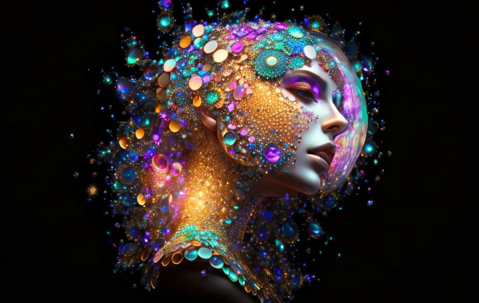 Vibrant iridescent circular patterns on human profile artwork