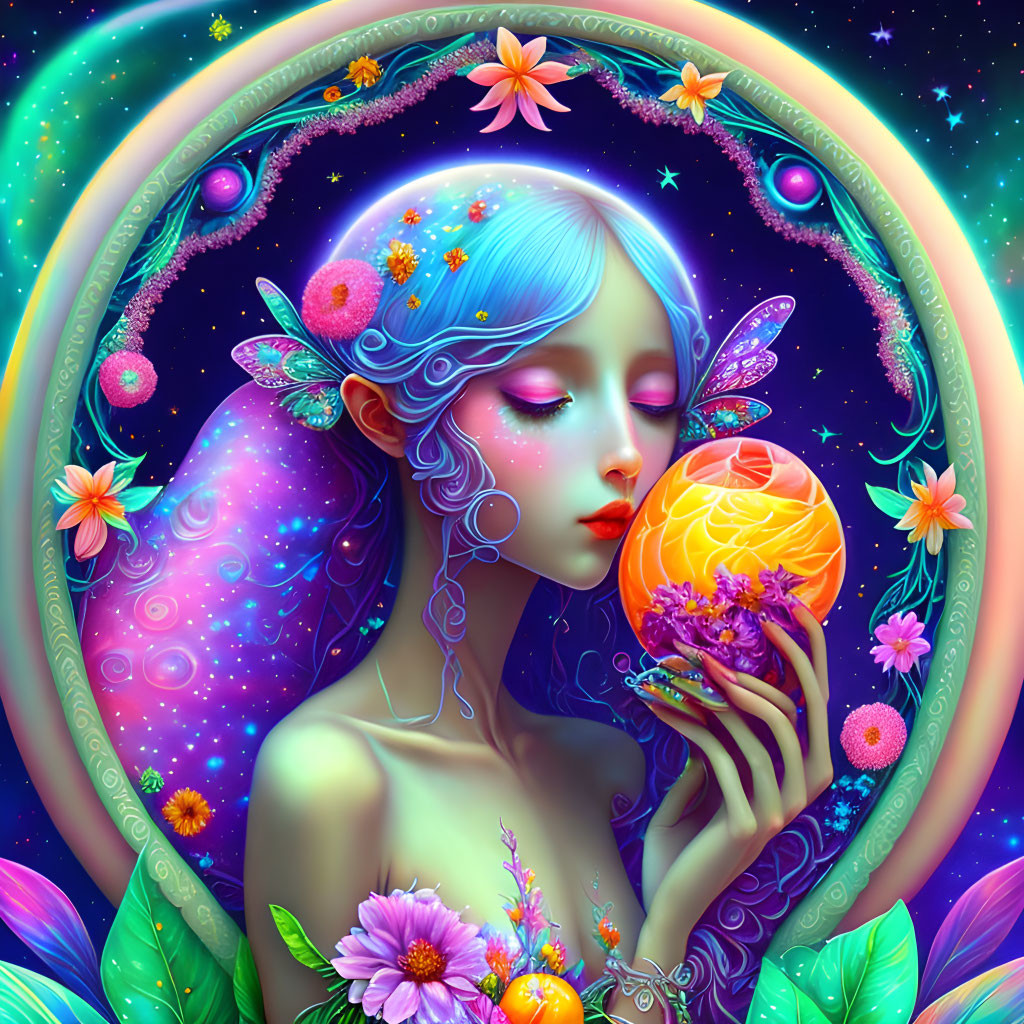 Surreal illustration of blue-skinned woman with glowing orb and celestial elements